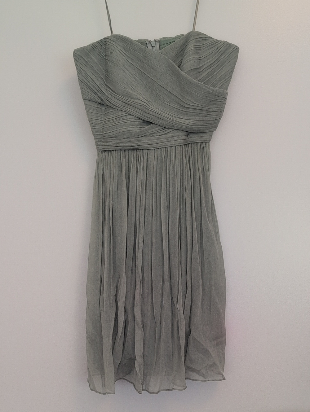 J. Crew Strapless Pleated Chiffon Dress in Sage